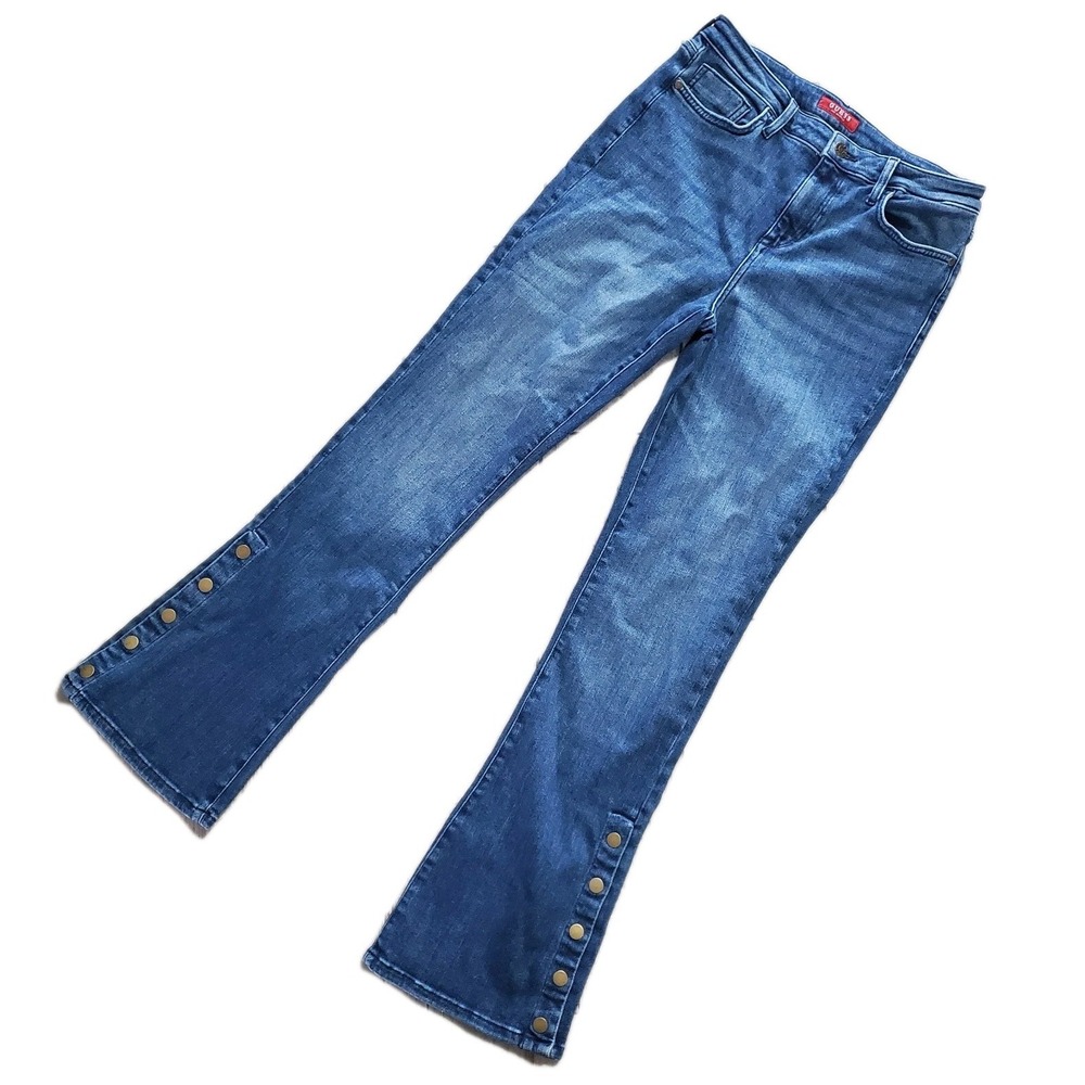 GUESS Mid-Rise Flare Jeans Gold Button Hem Details Size 29 Boot Cut Denim
